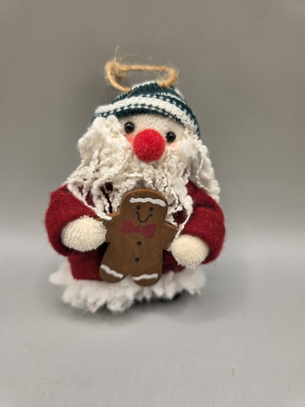 Rustic Fabric Santa Claus Tree Ornament Green Knit Hat Folk Art Farmhouse